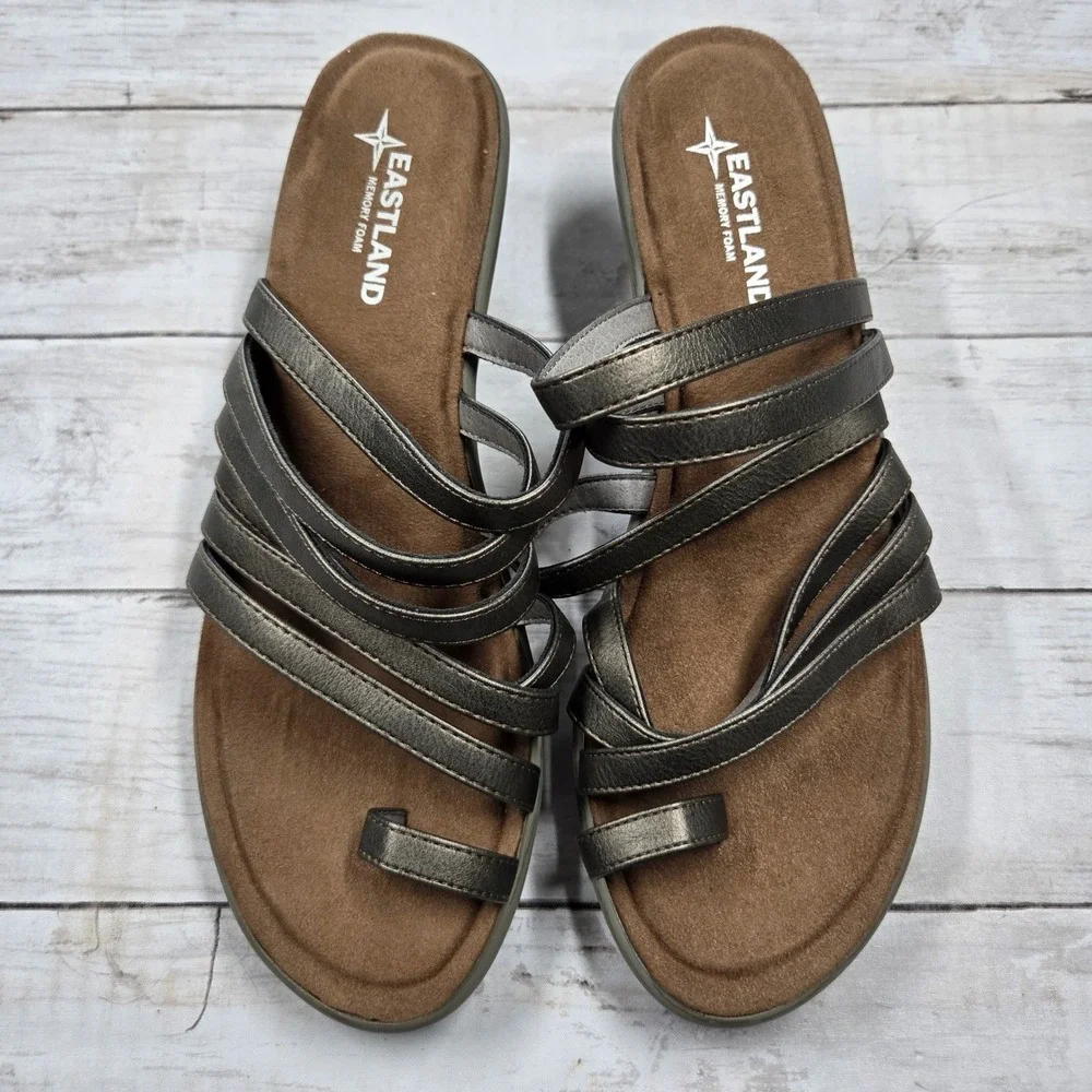 Eastland‎ Wedge Sandals Women 10W Pewter Florence Strappy Metallic Memory Foam